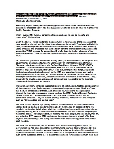 Intervention (Day 2) by Lynn St. Amour, President and CEO, Internet Society, during the Consultations on the Working Group on Internet Governance Thumbnail