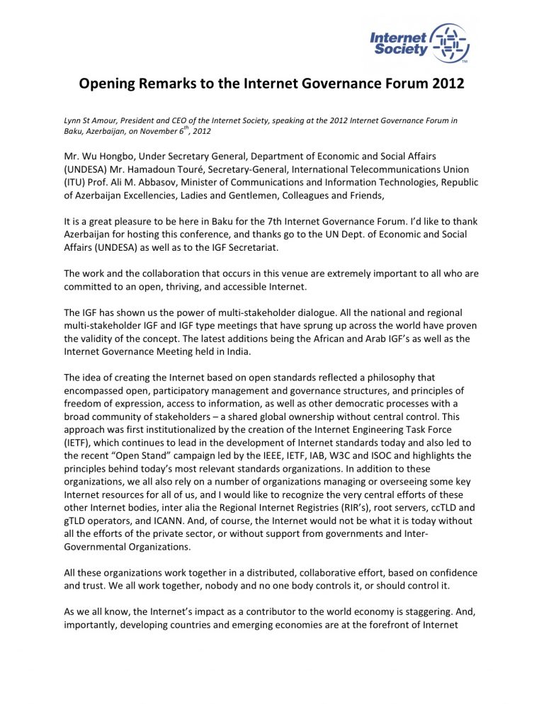 Opening Remarks To The Internet Governance Forum 12 Internet Society
