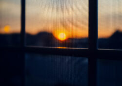 a view of a sunrise through mesh window