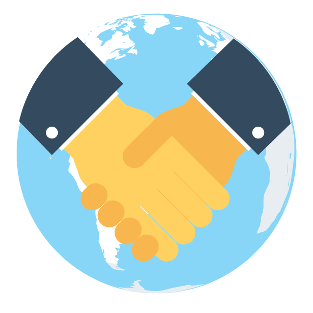 Circular icon depicting a handshake in front of the planet Earth