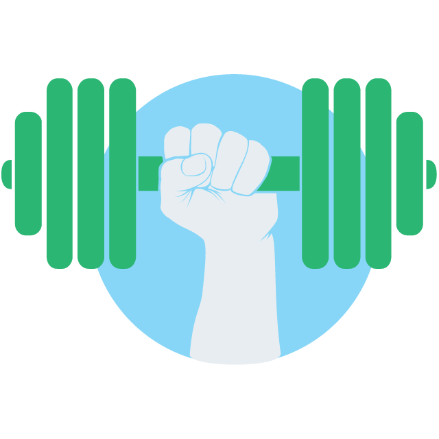 Circular icon depicting a hand holding up a dumbell