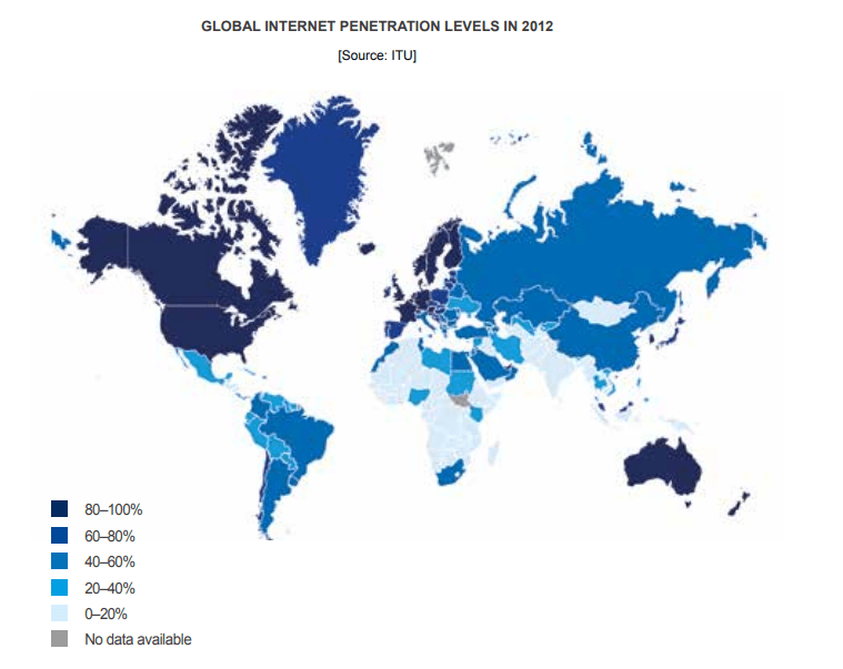 a world map showing Internet penetration levels in 2012