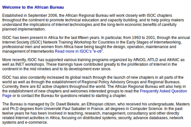 A screen grab of old text from the African Regional Bureau site from the archived www.isoc.org webpage