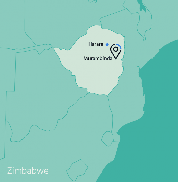 Un mapa de Zimbabue que destaca Harare y Murambinda