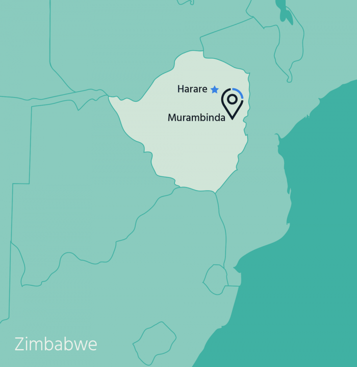 A map of Zimbabwe highlighting Harare and Murambinda