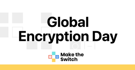 le texte "Journée mondiale du cryptage" et "Passez à l'action" en anglais