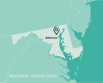 A map of US highlighting highlighting Maryland state with Baltimore mark on it