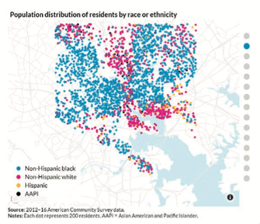 Un mapa de la distribución de la población de los residentes por raza y etnia.