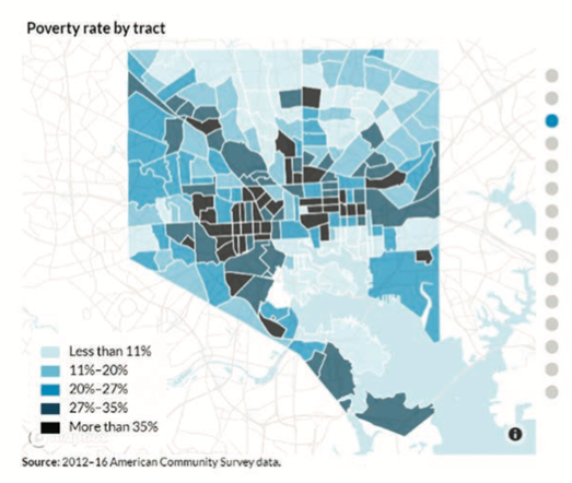Un mapa de Baltimore que representa la tasa de pobreza con diferentes colores