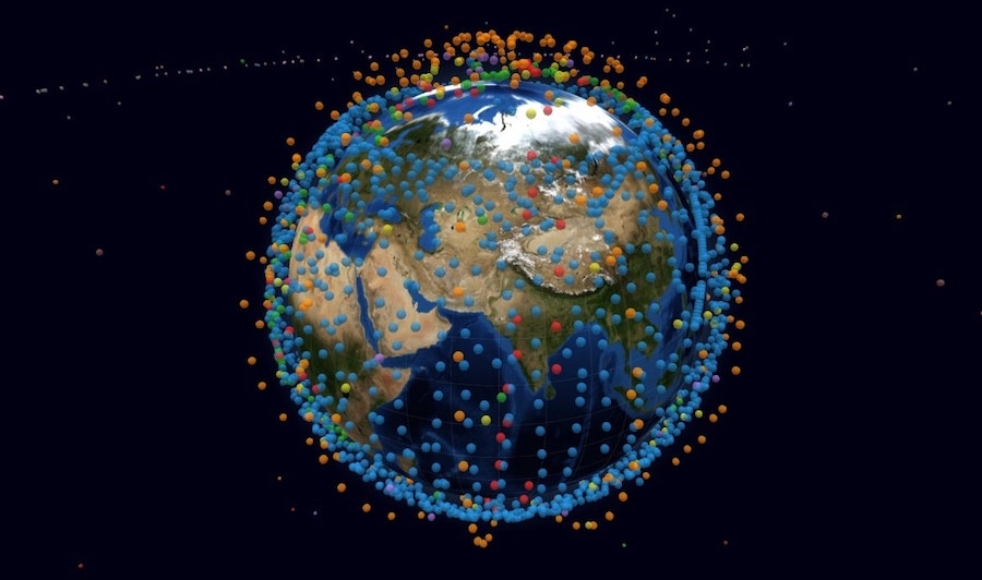 A globe with satellites floating around it