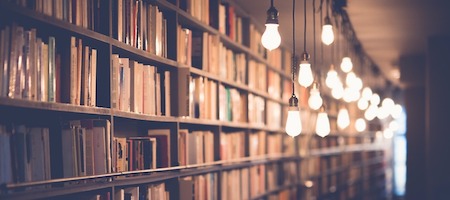 Books on the bookshelves and light blurbs hanging next to them