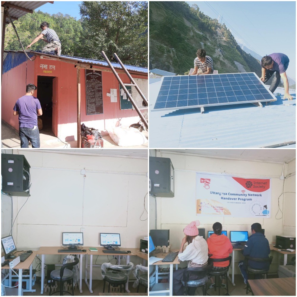 People installing a solar panel on a roof (top images), people sitting in front of the computers in a public open space