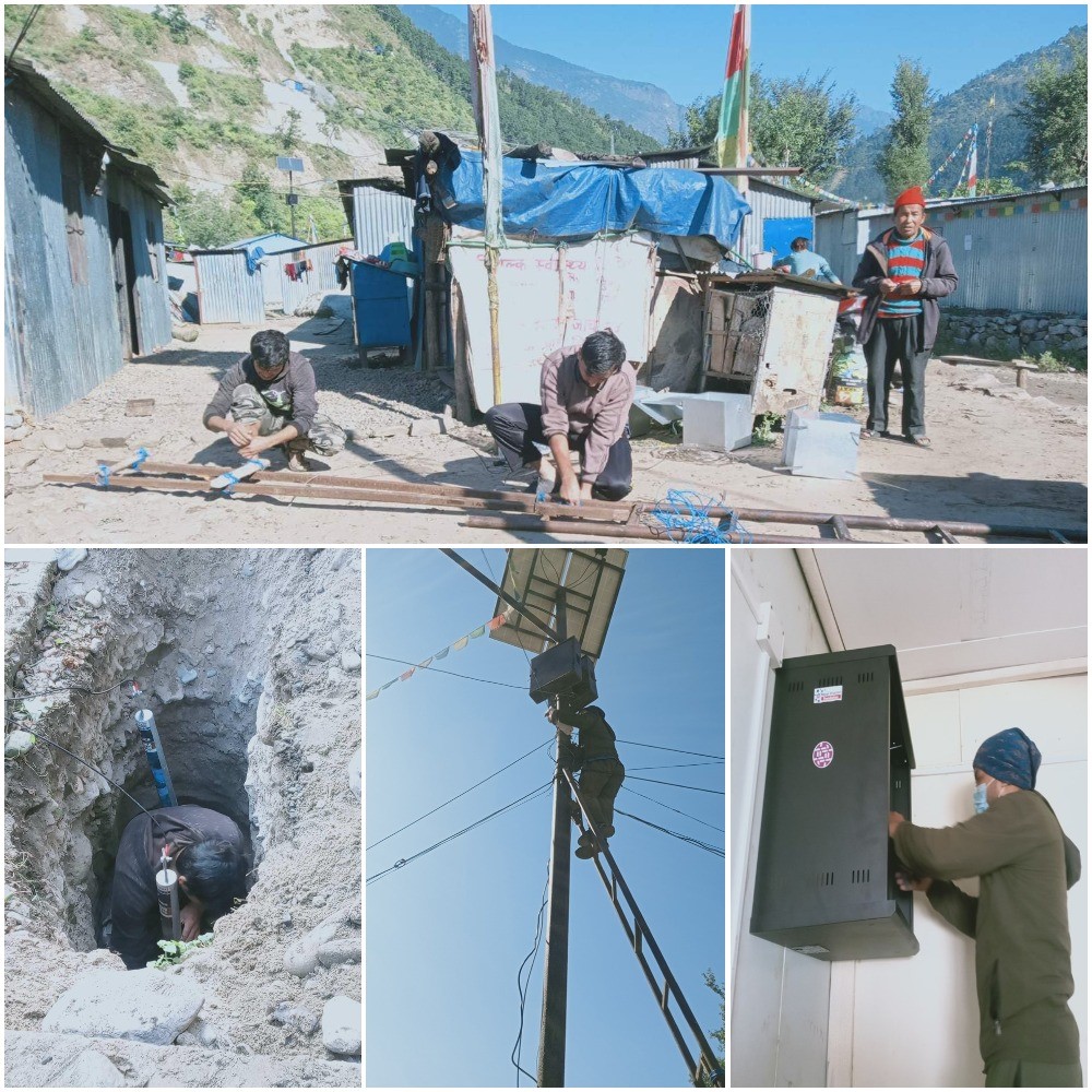 Contains 4 photos: 
on the top one people extend a ladder; on three bottom ones (from left to right): a person earthing, a person on a ladder installing a router on pole, a person setting up the network in a room