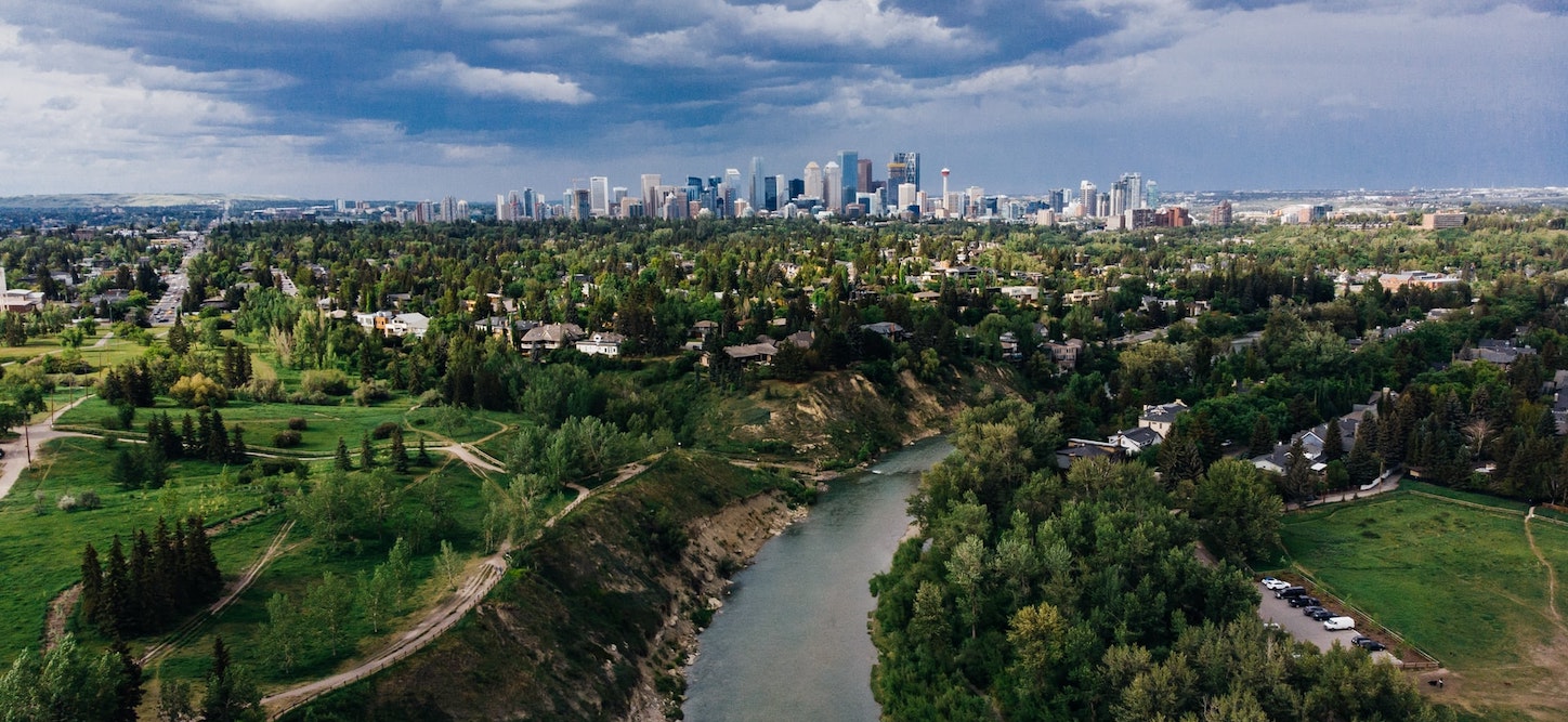 an aerial view of Calgary from River Park