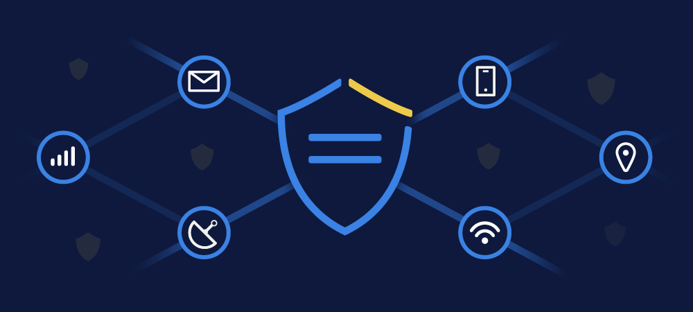illustration of a shield icon in the middle, and envelope, mobile, location, satellite, battery, and wi-fi icons around it