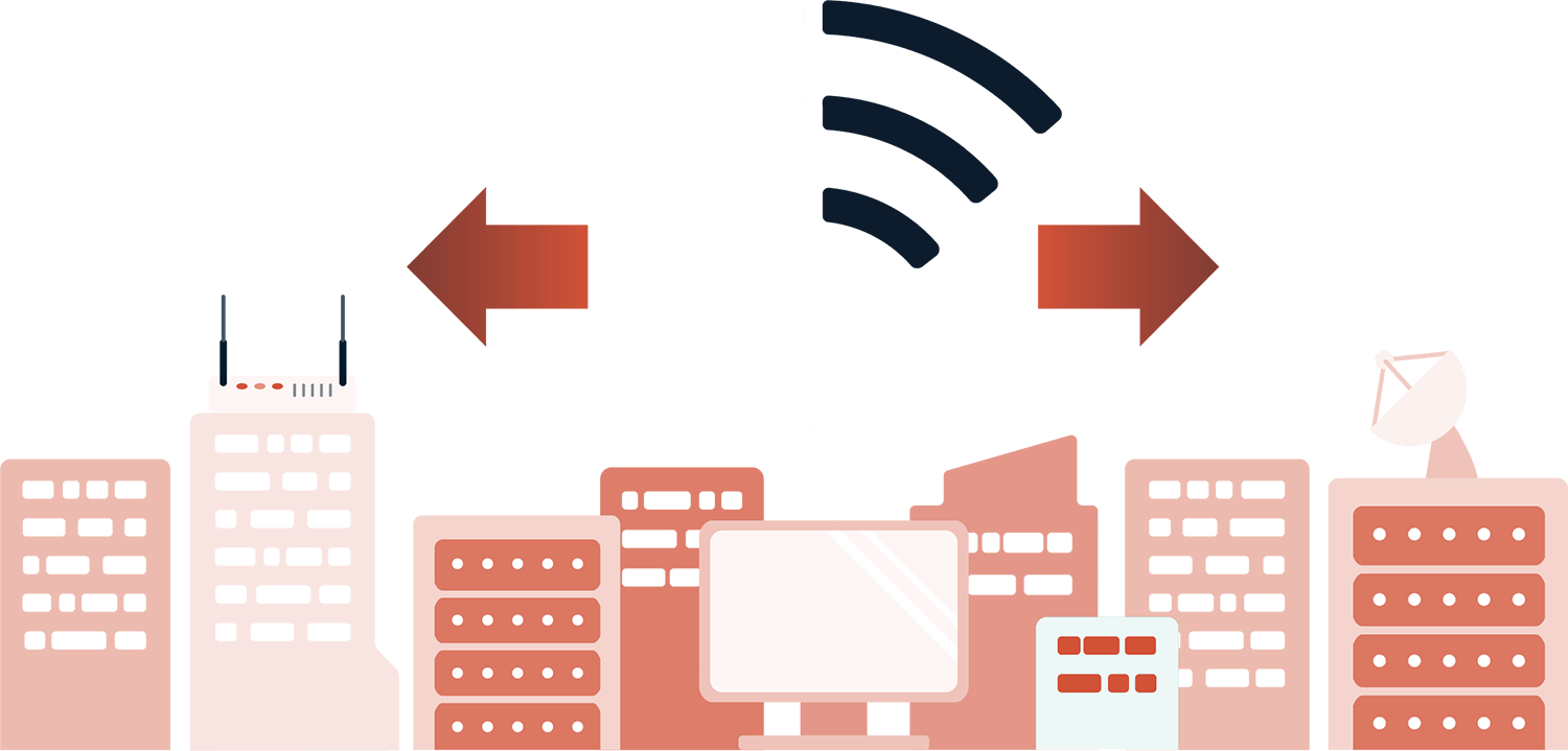 Illustration of tall buildings with icons of wifi symbols, satellites, and arrows pointing outwards above the buildings.