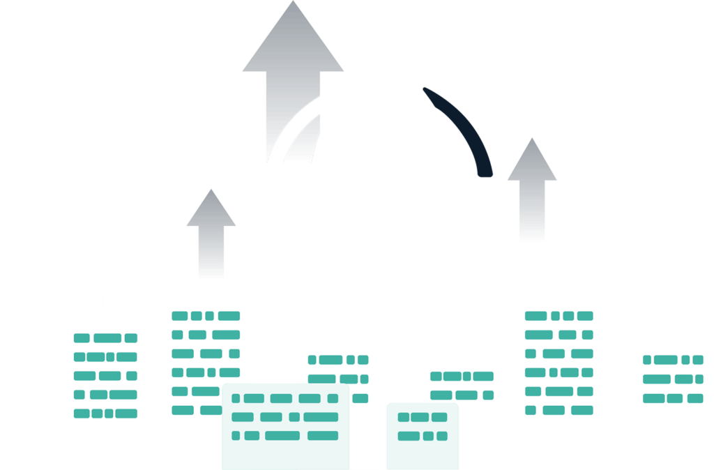 Illustration de grands bâtiments avec des icônes de symboles wifi, un globe et des flèches pointant vers le haut au-dessus des bâtiments.