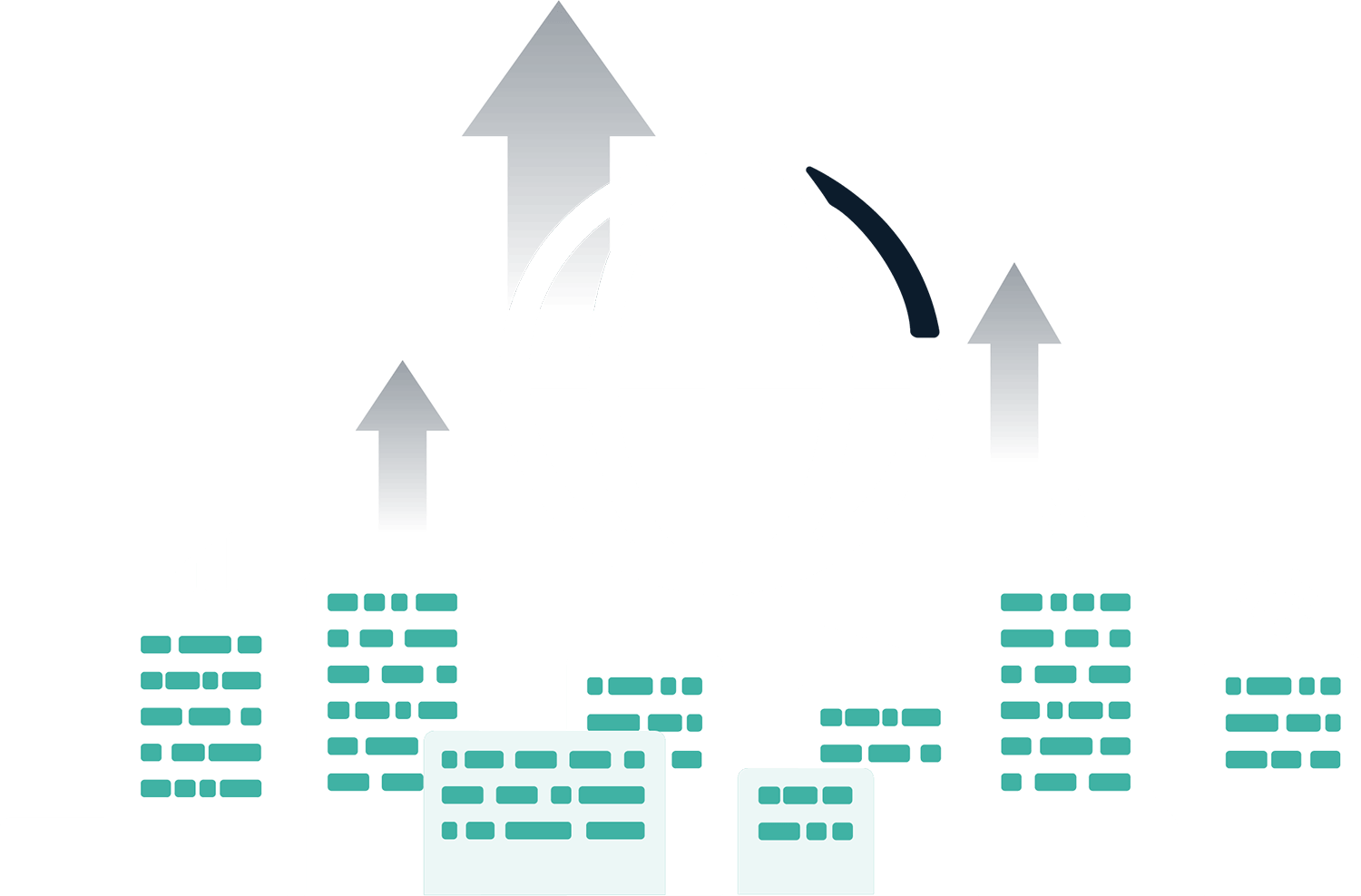 Illustration of tall buildings with icons of wifi symbols, a globe, and arrows pointing up above the buildings.