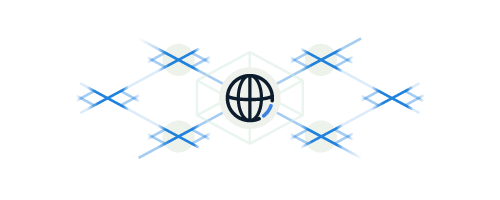 a navy globe icon in the center and blue lines around it on white and neutral background