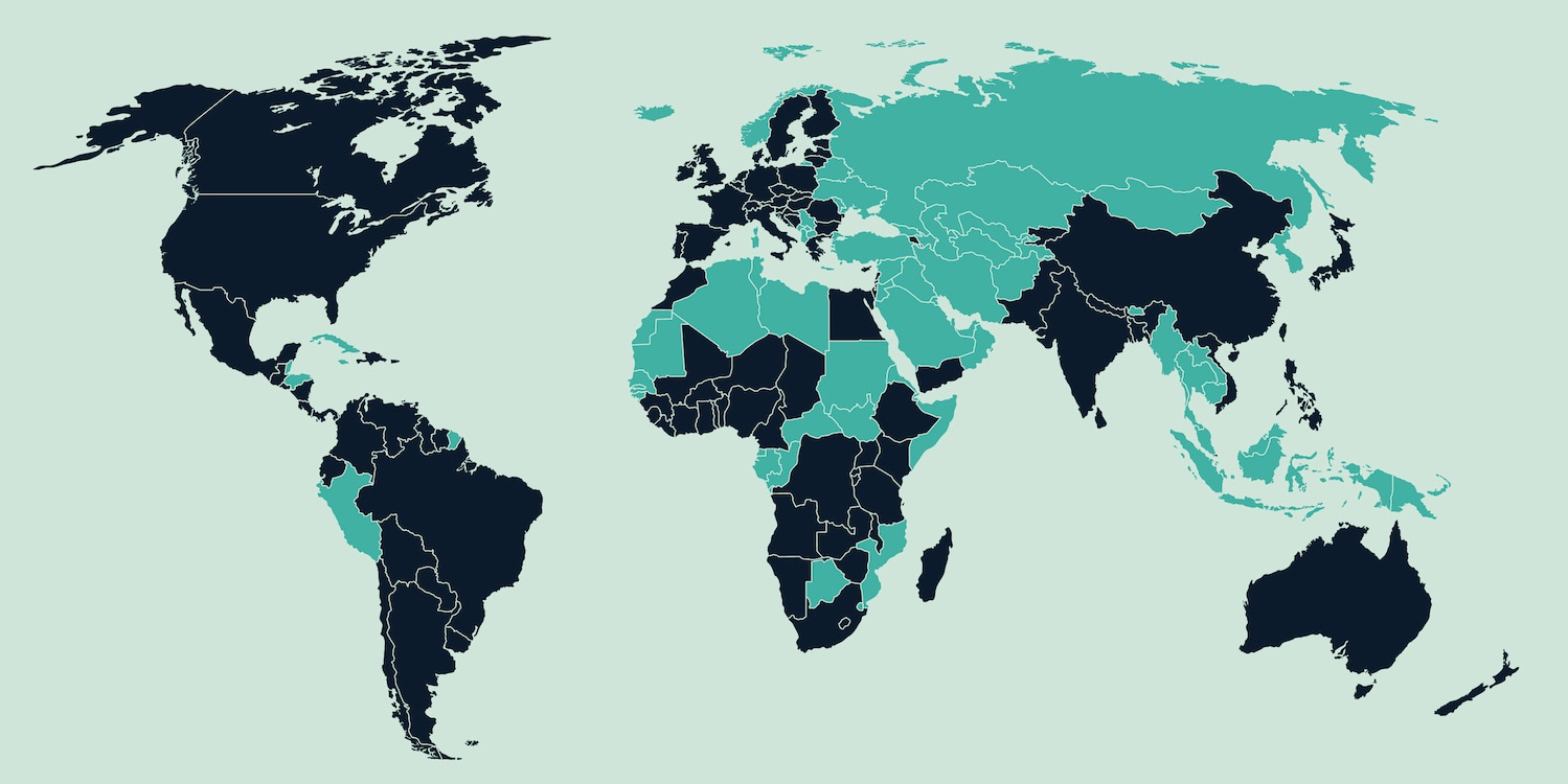 Carte mondiale présentant tous les pays où l’Internet Society travaille, soit environ la moitié du monde.