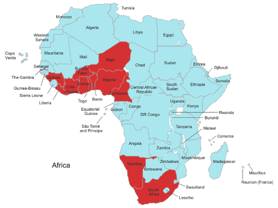 A map of Africa with red and blue countries/regions