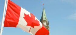 Photograph of Canadian flag flying in front of the Parliament building.