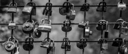 Photograph of multiple padlocks locked onto a grid fence