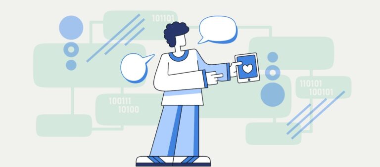 A man holds a tablet surrounded by colorful speech bubbles