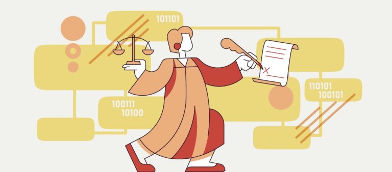 A cartoon judge holding a scroll and a paper, wearing a black robe and a gavel