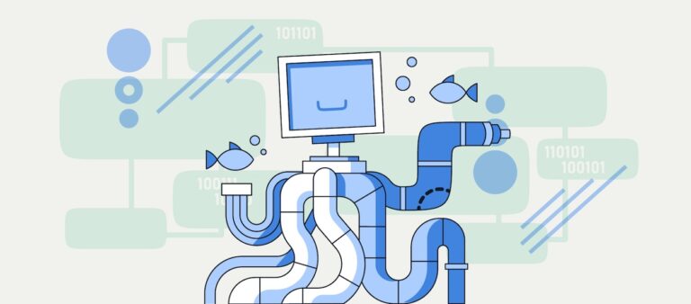 A robot sitting at a desk with a computer, next to a fish in a bowl