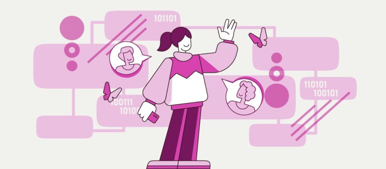 A woman stands against a purple background adorned with various icons