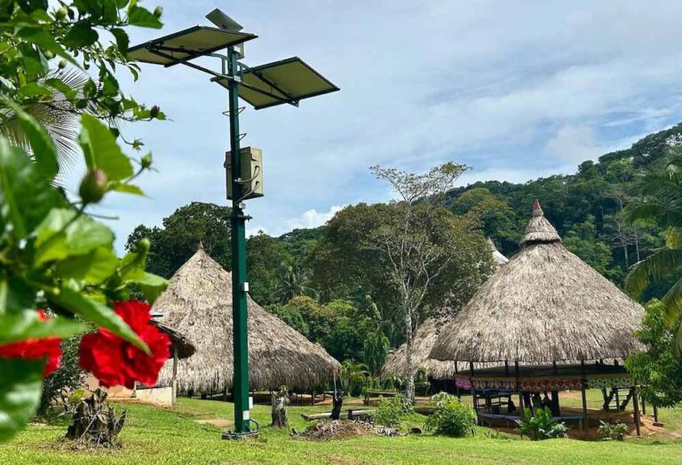 A solar-powered light pole stands in front of a rustic hut