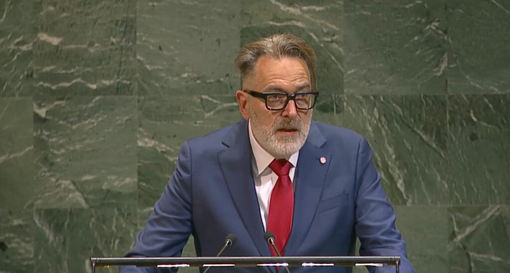 Photo of Olaf Kolkman speaking at a podium at the WSIS+20 HLM.