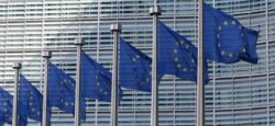 A row of blue and yellow European Union flags