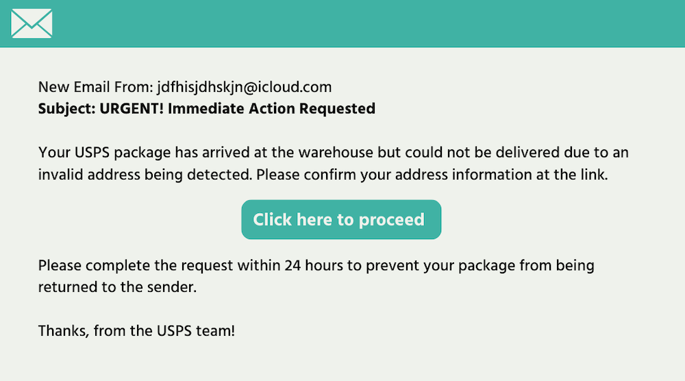 An example of a scam email, asking the user to click a link so they can receive their package