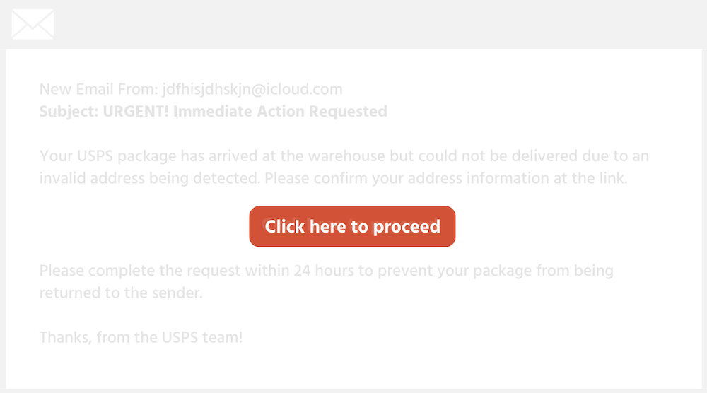 An example of a scam email, highlighting a suspicious link button