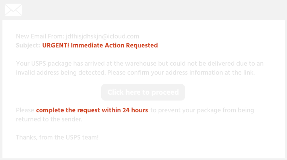 An example of a scam, highlighting text that conveys a false sense of urgency