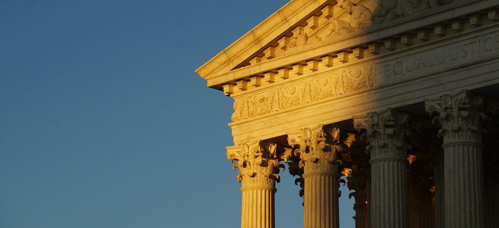 A front corner of the Supreme Court of the United States in Washington, DC.